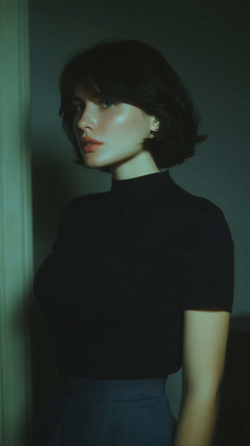 Woman with dark bob hair wearing a black turtleneck and pinstriped skirt in moody cinematic lighting.