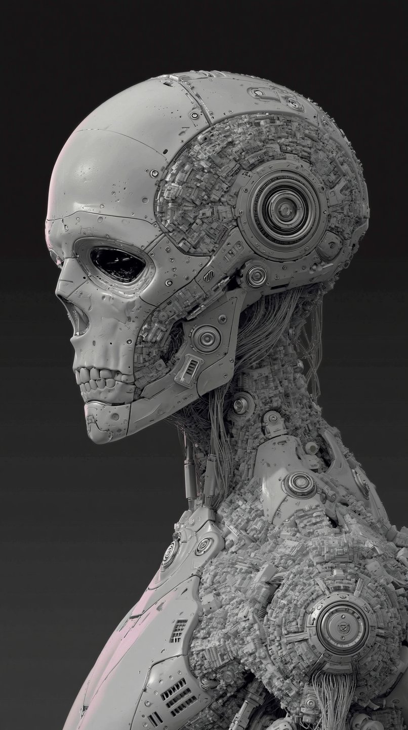Profile of a highly detailed cybernetic skull featuring smooth cranial plating contrasting with intricate mechanical wiring.
