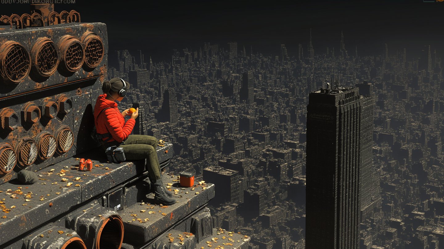 Woman in a red jacket sits on a rusted industrial ledge overlooking a dense, hazy monochrome cityscape.