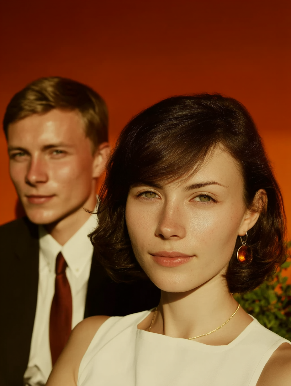 Close-up of a woman with green eyes and amber earrings before a blurred man in a suit.