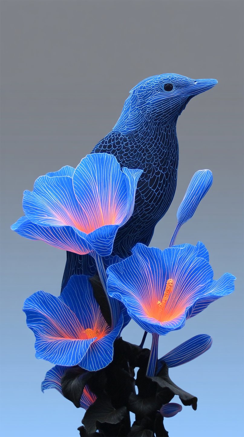 Bioluminescent blue bird surrounded by glowing blue flowers with orange centers against a neutral grey gradient background.
