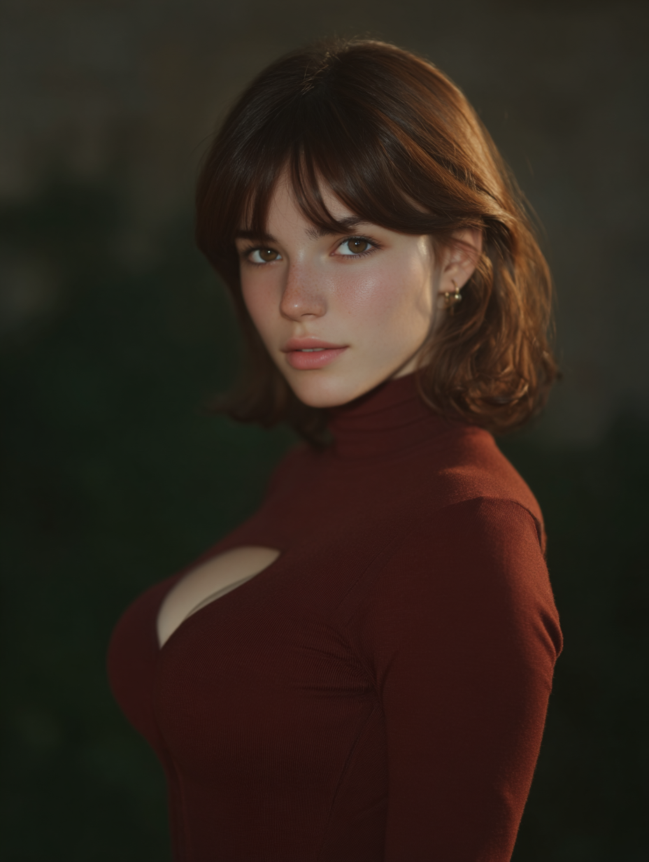 Freckled young woman in a burgundy keyhole turtleneck posing for a cinematic, soft-lit editorial portrait.