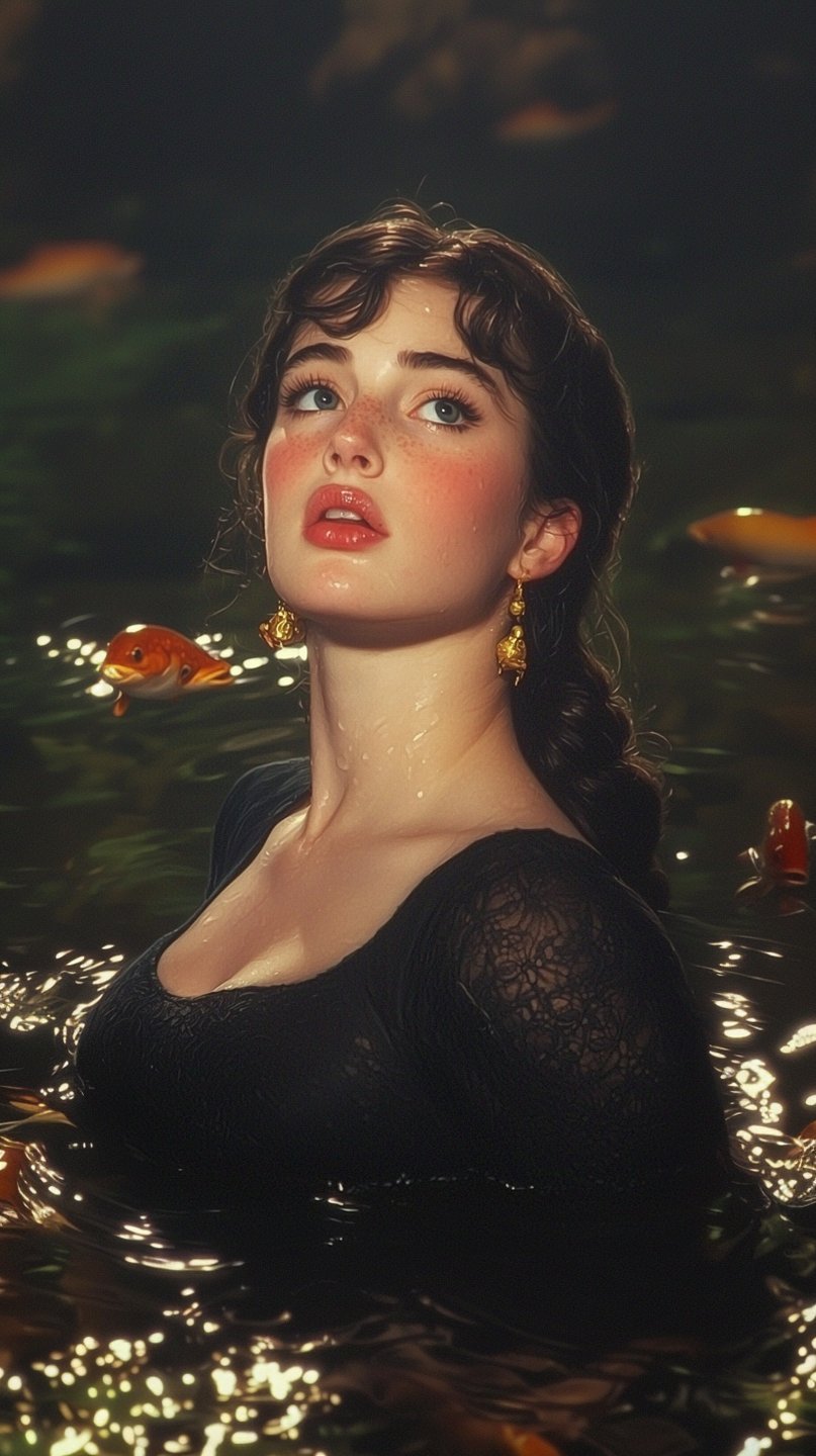A freckled woman in a black lace dress gazes upward while submerged in dark water surrounded by goldfish.