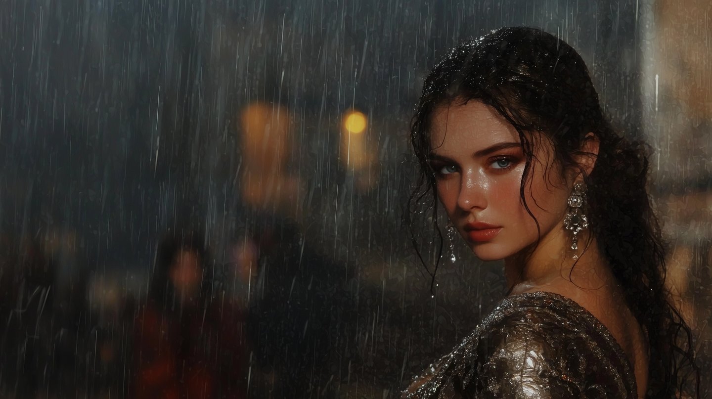 Woman in a shimmering metallic dress looks over her shoulder during a heavy rainstorm at night.