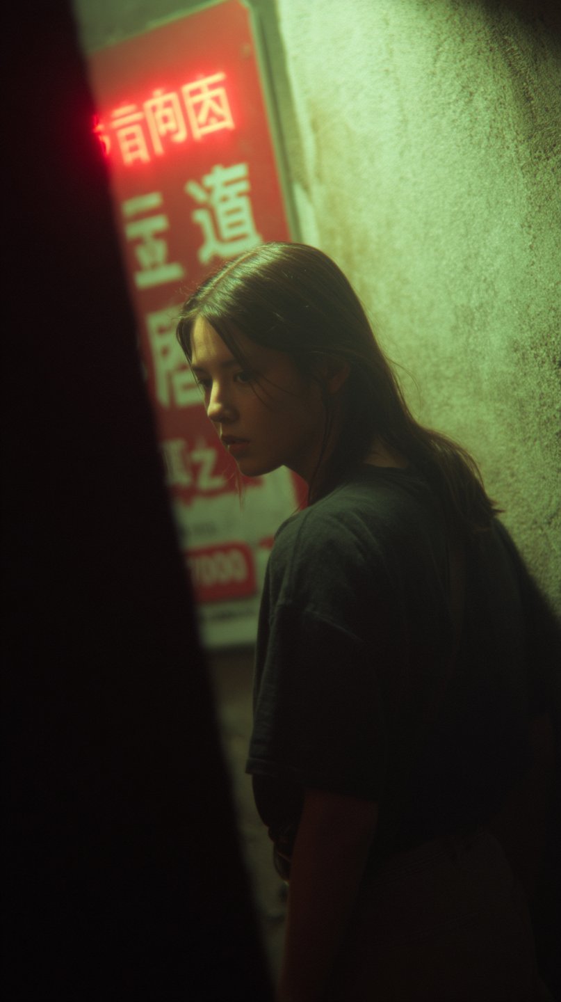 Young woman stands in a dark alley illuminated by green ambient light and a red neon sign.