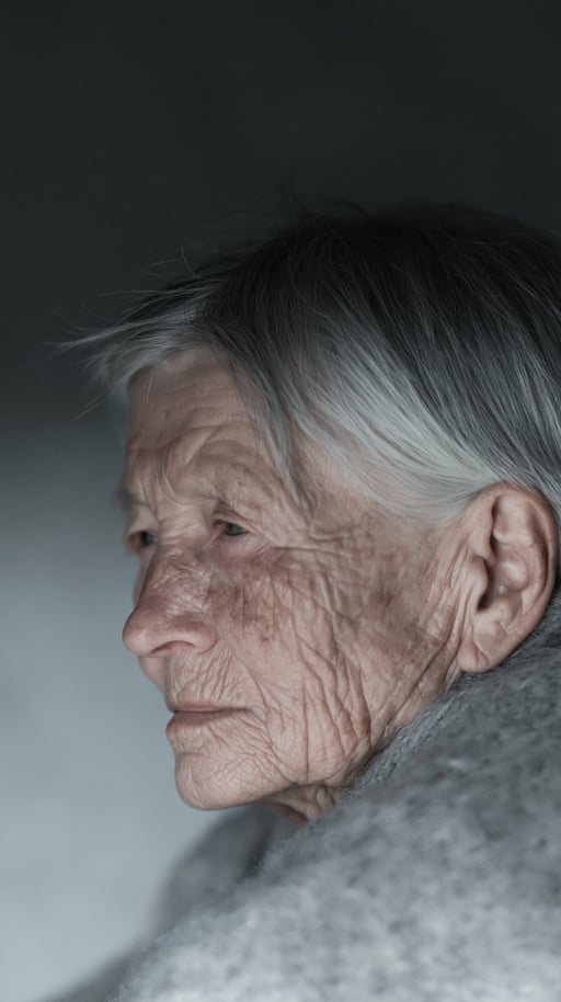 Close-up profile of an elderly woman with deep wrinkles and grey hair looking thoughtfully into the distance.