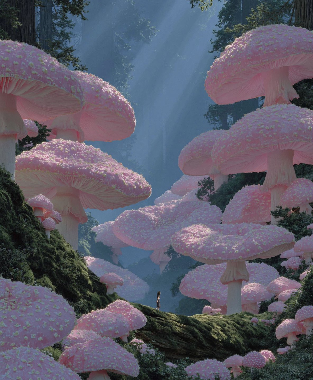 Tiny woman stands on a mossy ridge surrounded by towering giant pink mushrooms in a misty forest.