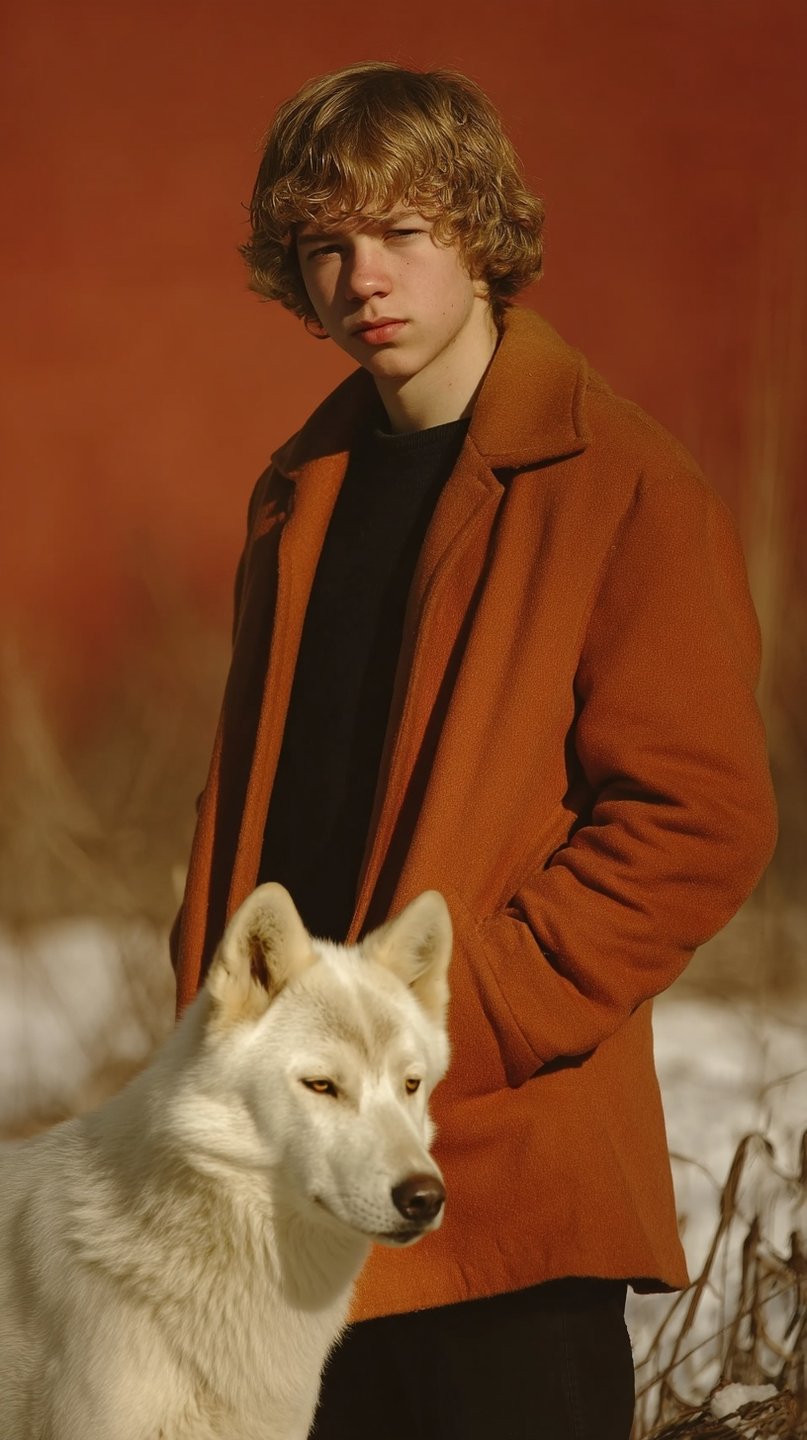 Teenage boy with curly hair wearing a rust coat stands behind a white dog in snow.