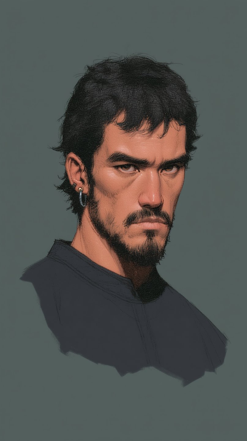 Close-up digital painting of a stern man with dark hair, a beard, and a piercing gaze.