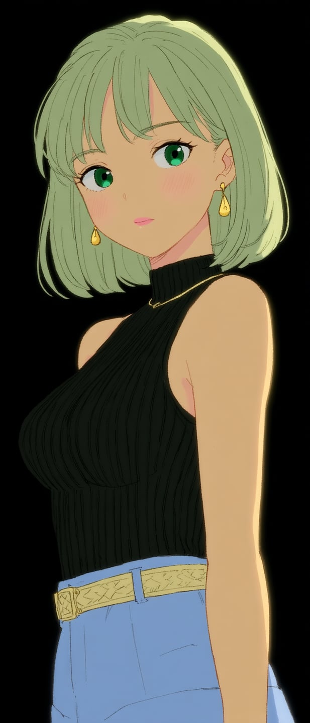 Stylish young woman with green bob-cut hair and emerald eyes wearing a black sleeveless turtleneck and denim.