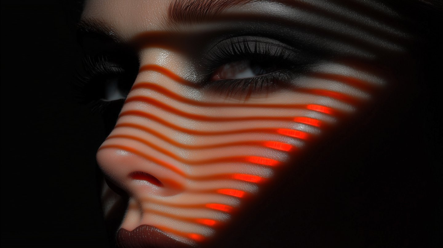 Close-up of a woman's face with red horizontal light bars projected across her eye, nose, and lips.