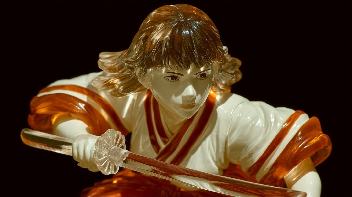 Translucent amber and white resin sculpture of a young girl samurai holding a katana in combat stance.
