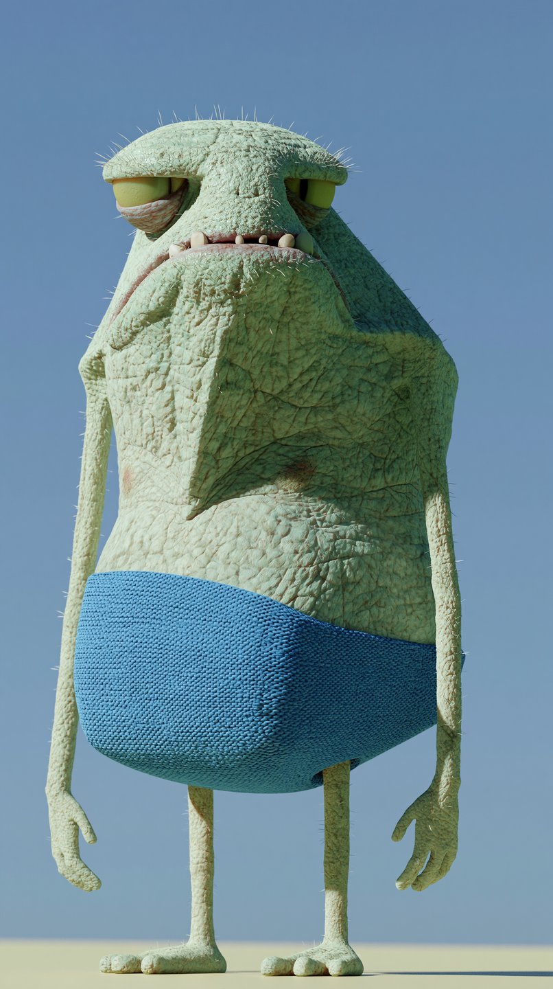 A grumpy green textured monster wearing blue knit swim trunks stands against a clear blue sky.