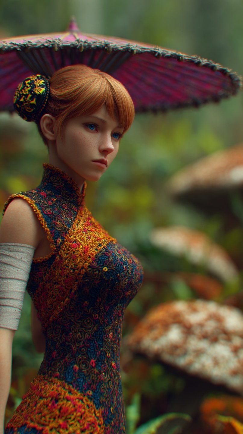 Red-haired woman in an intricate embroidered dress holds a purple parasol amidst giant forest mushrooms.
