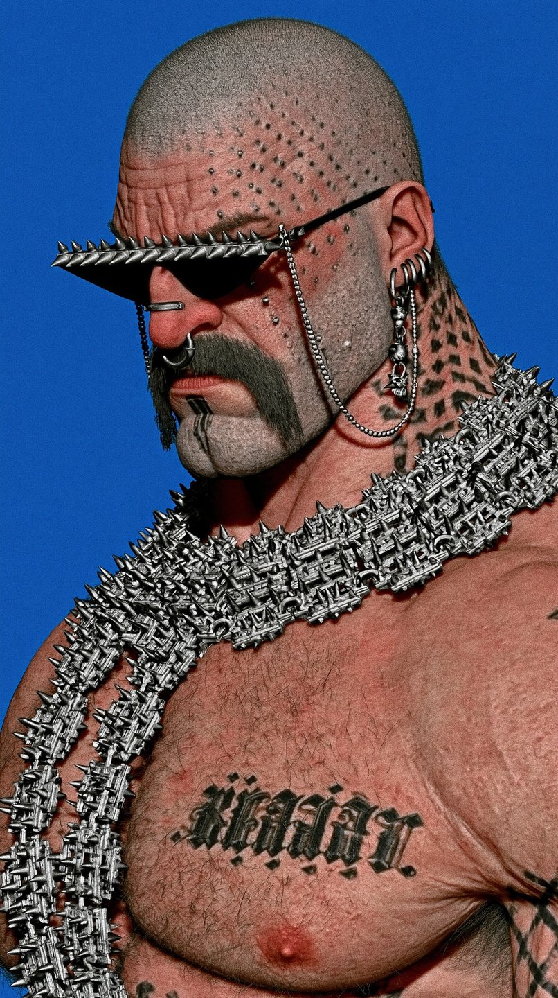Profile of a heavily tattooed and pierced muscular man wearing spiked metal accessories against a blue background.