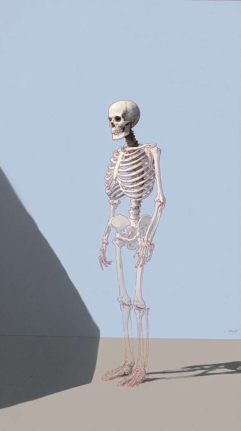 A human skeleton stands in a minimalist landscape with a large diagonal shadow and pale blue sky.