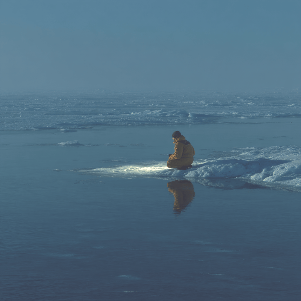 Lone explorer in a yellow parka kneels on a small ice floe in a vast blue arctic sea.