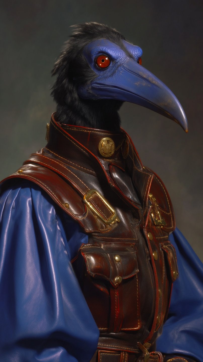 Anthropomorphic blue corvid officer with red eyes wearing a detailed leather vest and blue silk sleeves.