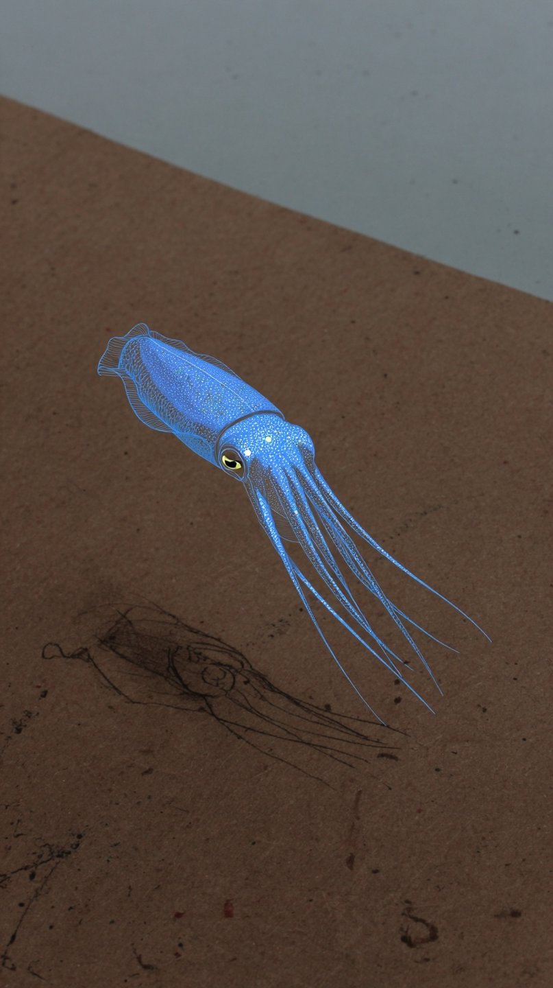 Glow-in-the-dark blue squid floating above a brown textured surface with a matching dark charcoal sketch underneath.