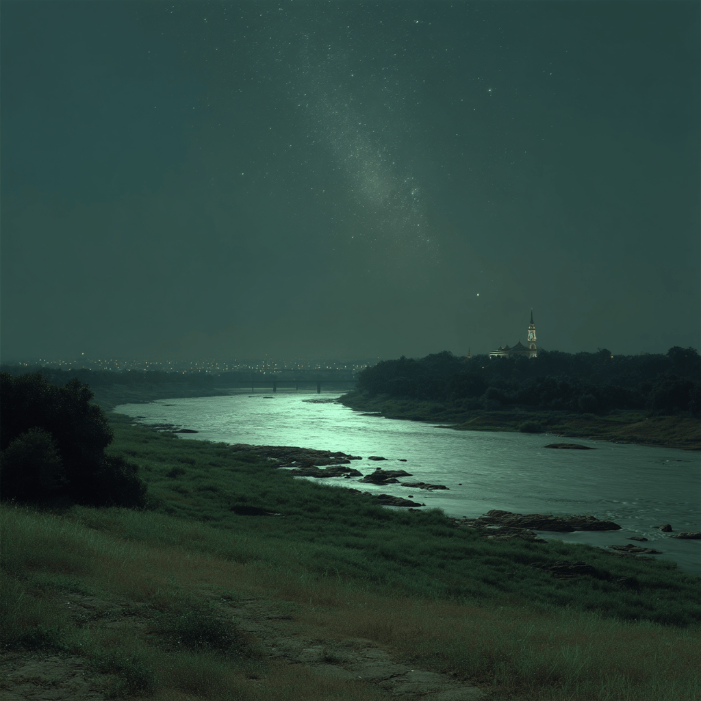 Luminous river winding through a dark landscape under a starry Milky Way sky with a distant spire.
