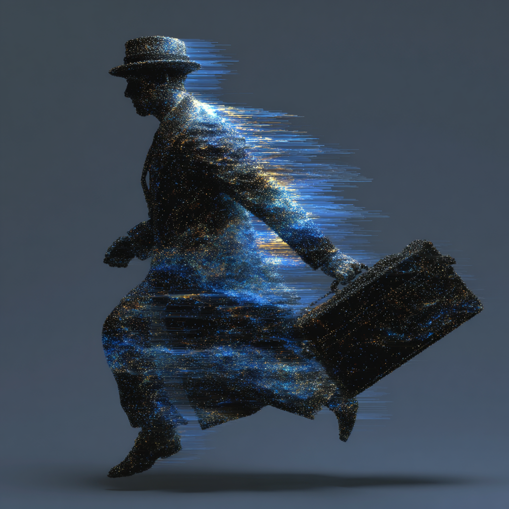 Luminous particle-based silhouette of a man in a hat running with a briefcase against a dark void.
