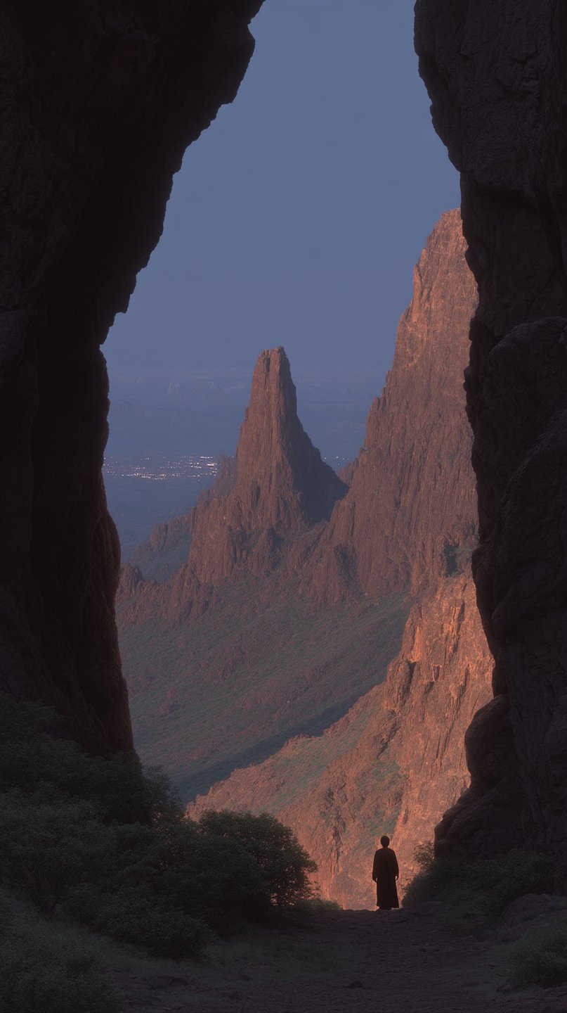 A cloaked silhouette stands in a dark rock archway overlooking glowing red mountains under a twilight sky.