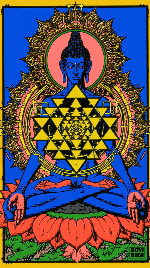 Blue meditating Buddha with a yellow Sri Yantra on his chest sits on a red lotus flower.