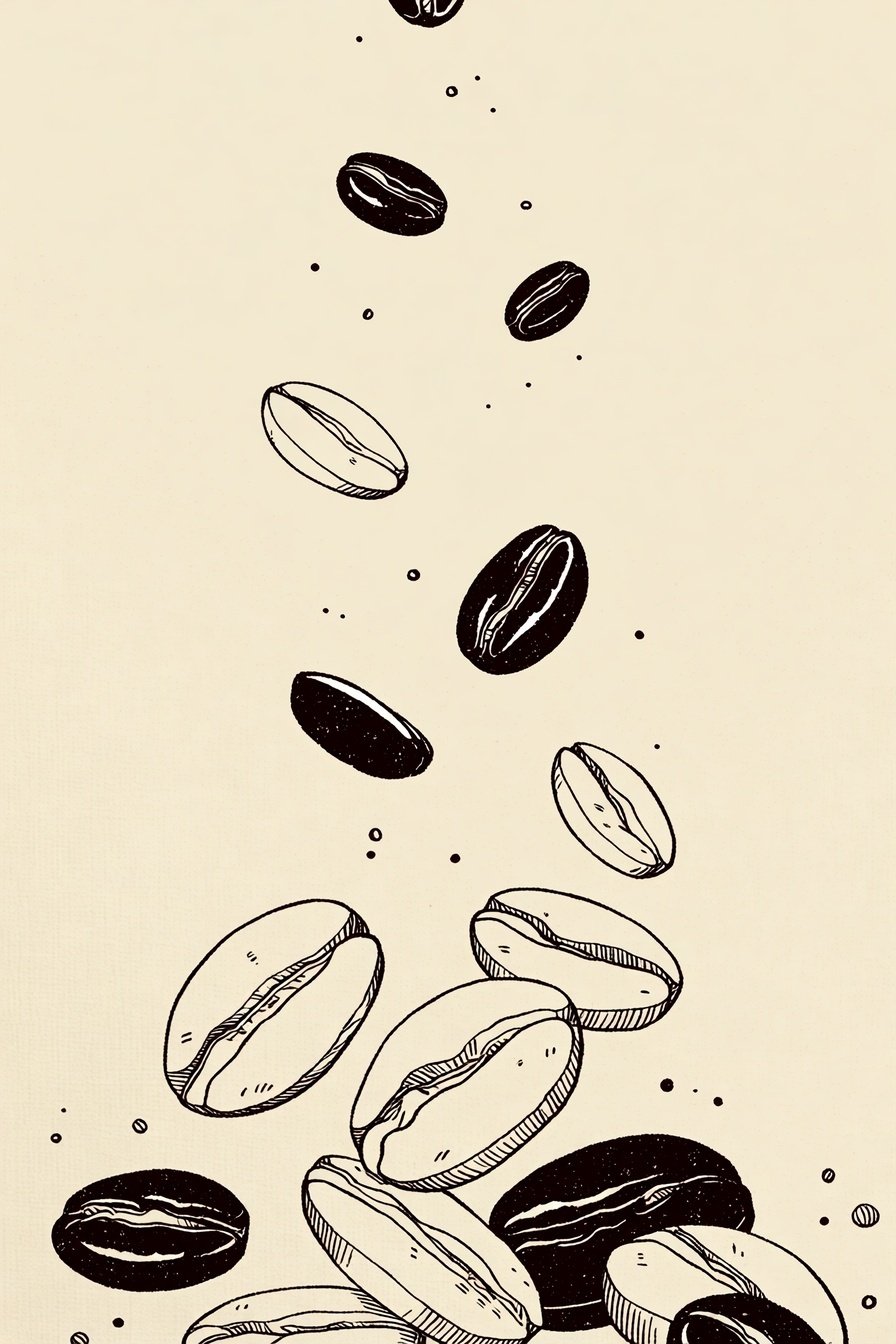 Black and white ink illustration of coffee beans cascading vertically against a minimalist cream-colored textured background.