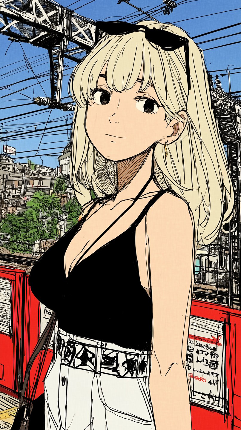 Blonde young woman in a black top standing at a vibrant urban train station under blue skies.