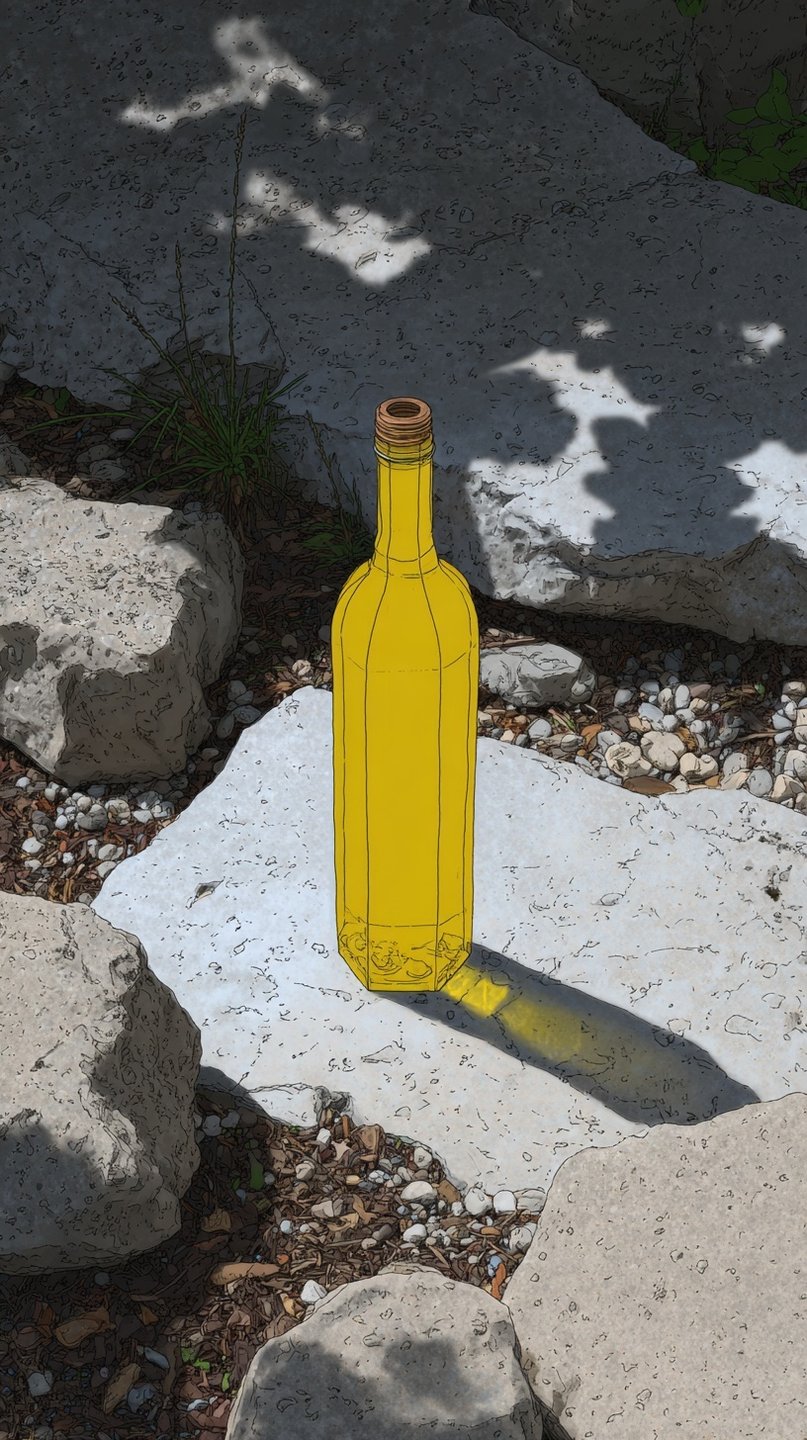 Faceted yellow glass bottle stands on a flat stone, casting a bright yellow reflection in sunlight.