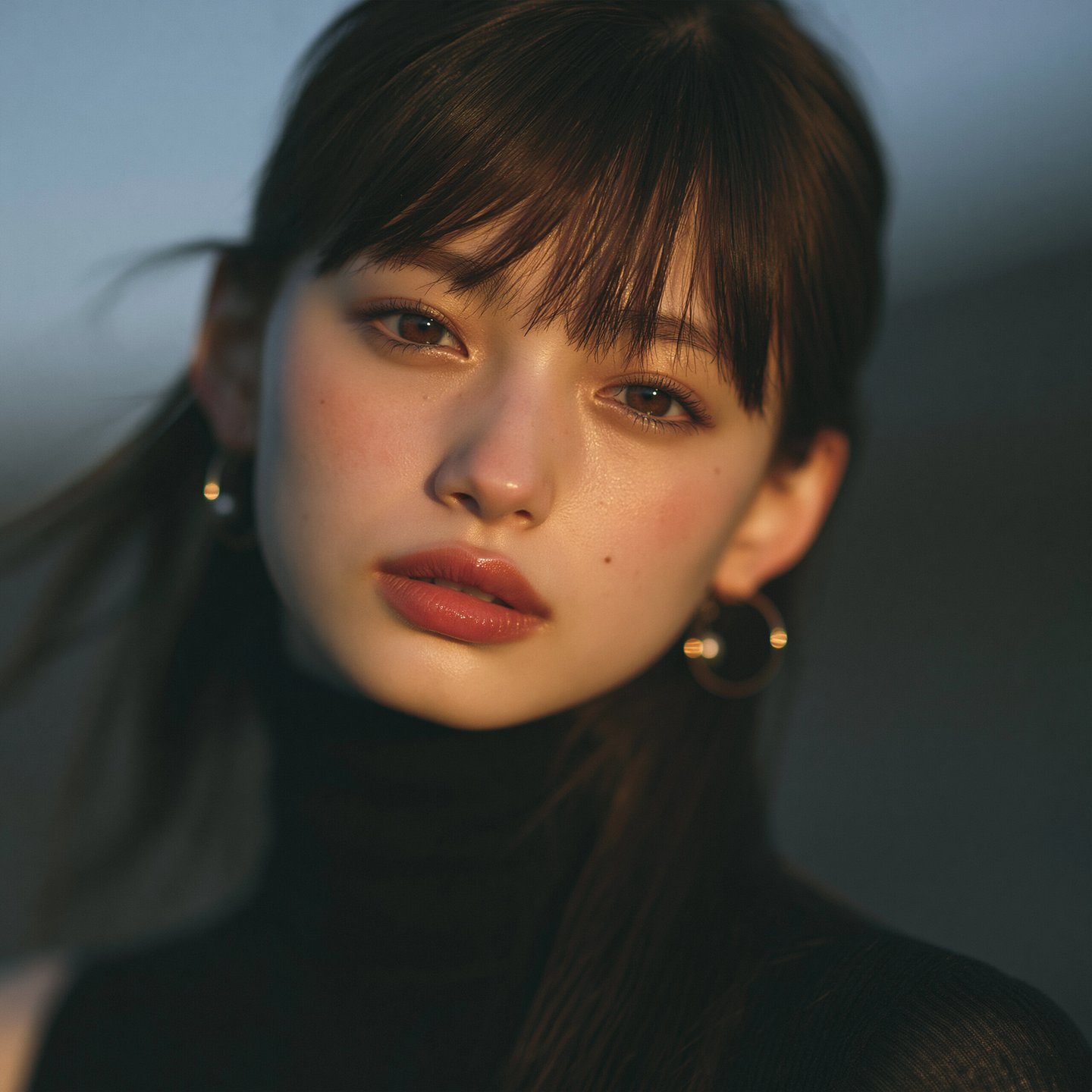 Close-up portrait of a young woman with bangs wearing a black turtleneck and gold hoop earrings.