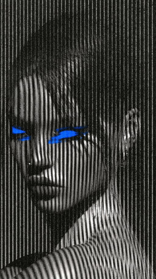 Monochromatic portrait of a woman with pointed ears covered in vertical stripes and glowing electric blue eyes.