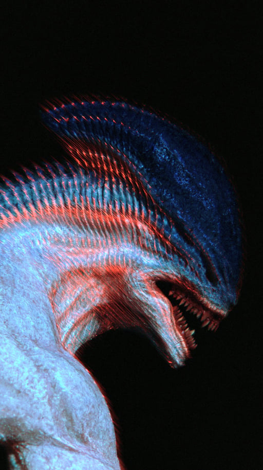 Profile of a biomechanical alien monster with bared teeth and a blue crest featuring red chromatic aberration.
