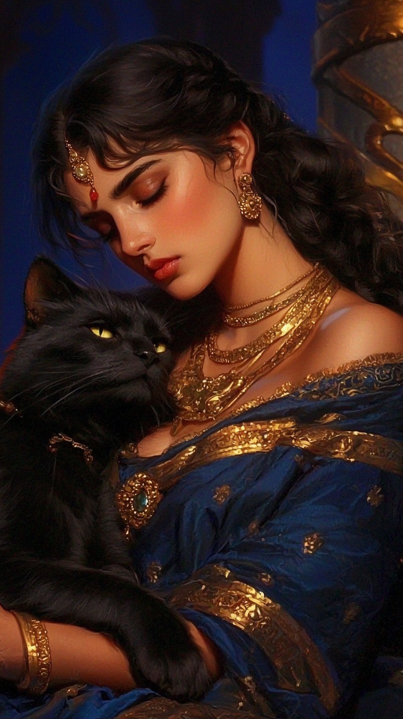 A young woman in gold-trimmed blue attire tenderly cradles a black cat with glowing yellow eyes.