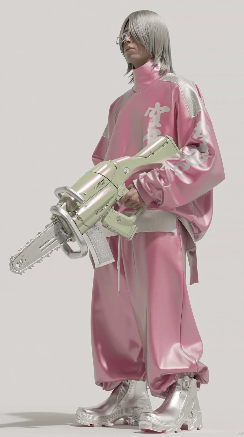 Androgynous model in a metallic pink tracksuit and silver boots holds a mint green chainsaw rifle.