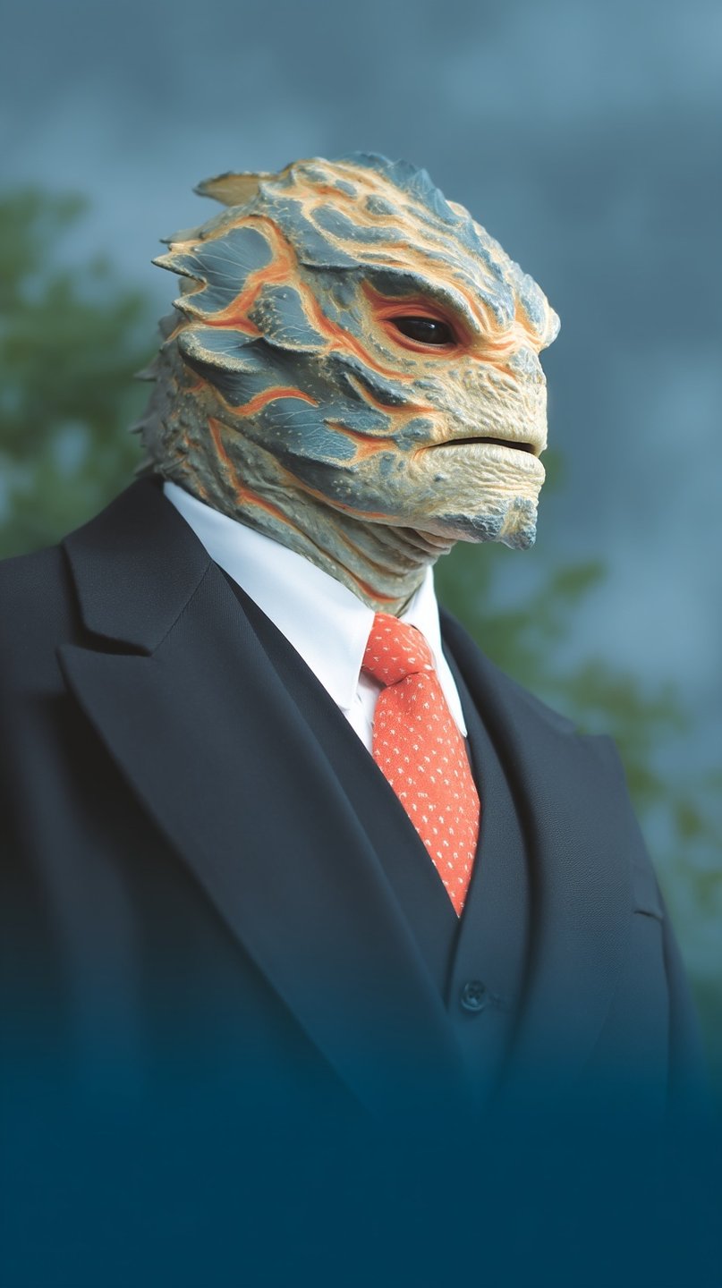 Reptilian humanoid wearing a formal navy suit and orange tie against a soft blurred outdoor background.