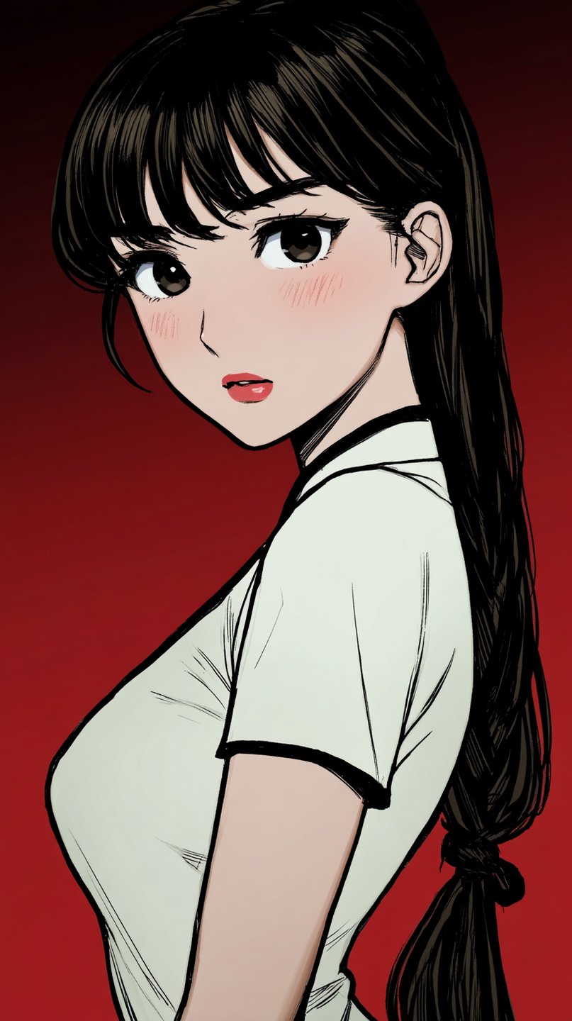 Young anime woman with dark bangs and ponytail looking over her shoulder against a solid red background.