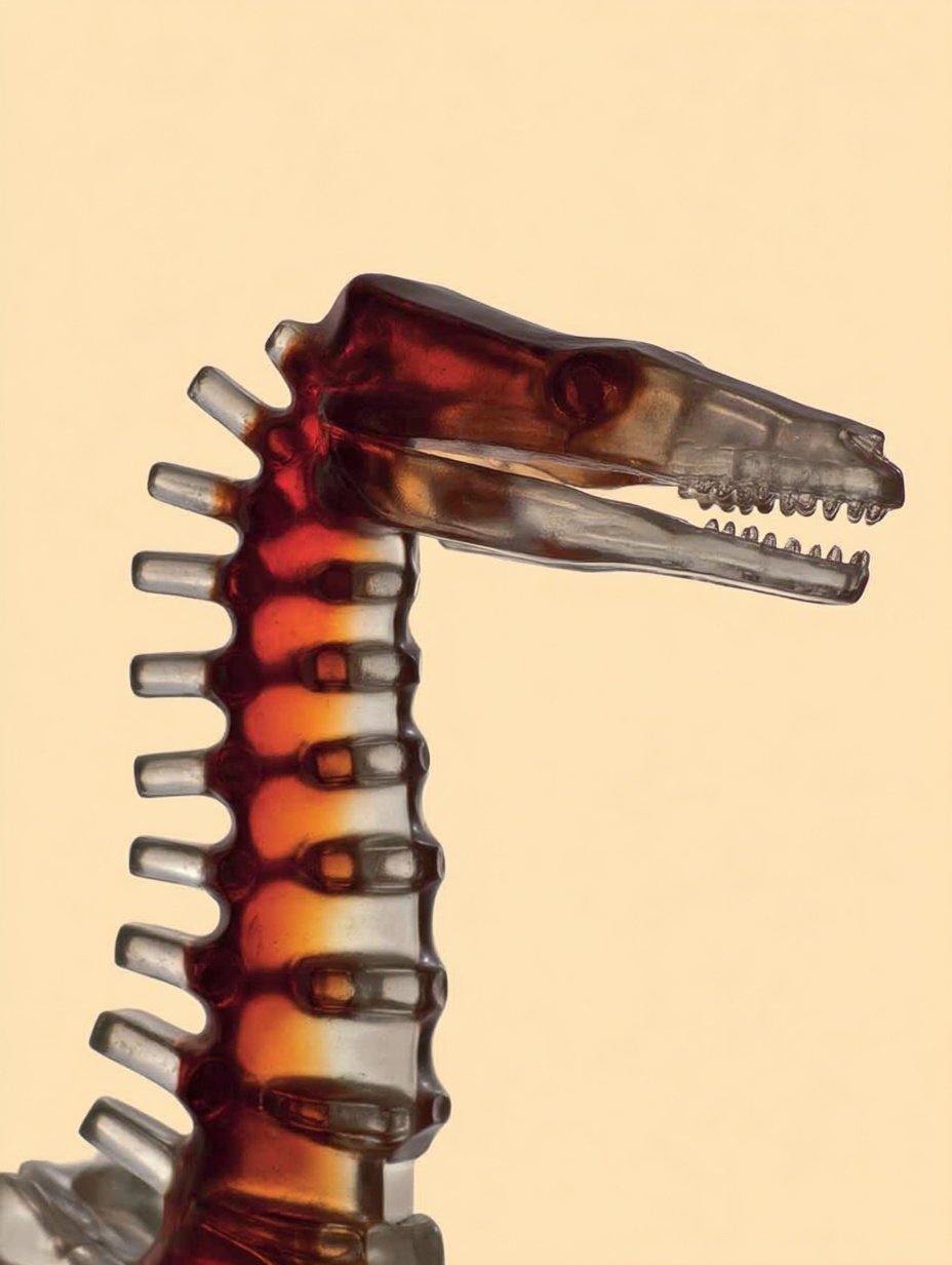 Translucent amber-colored glass dinosaur sculpture with a segmented neck and open jaw against a plain background.