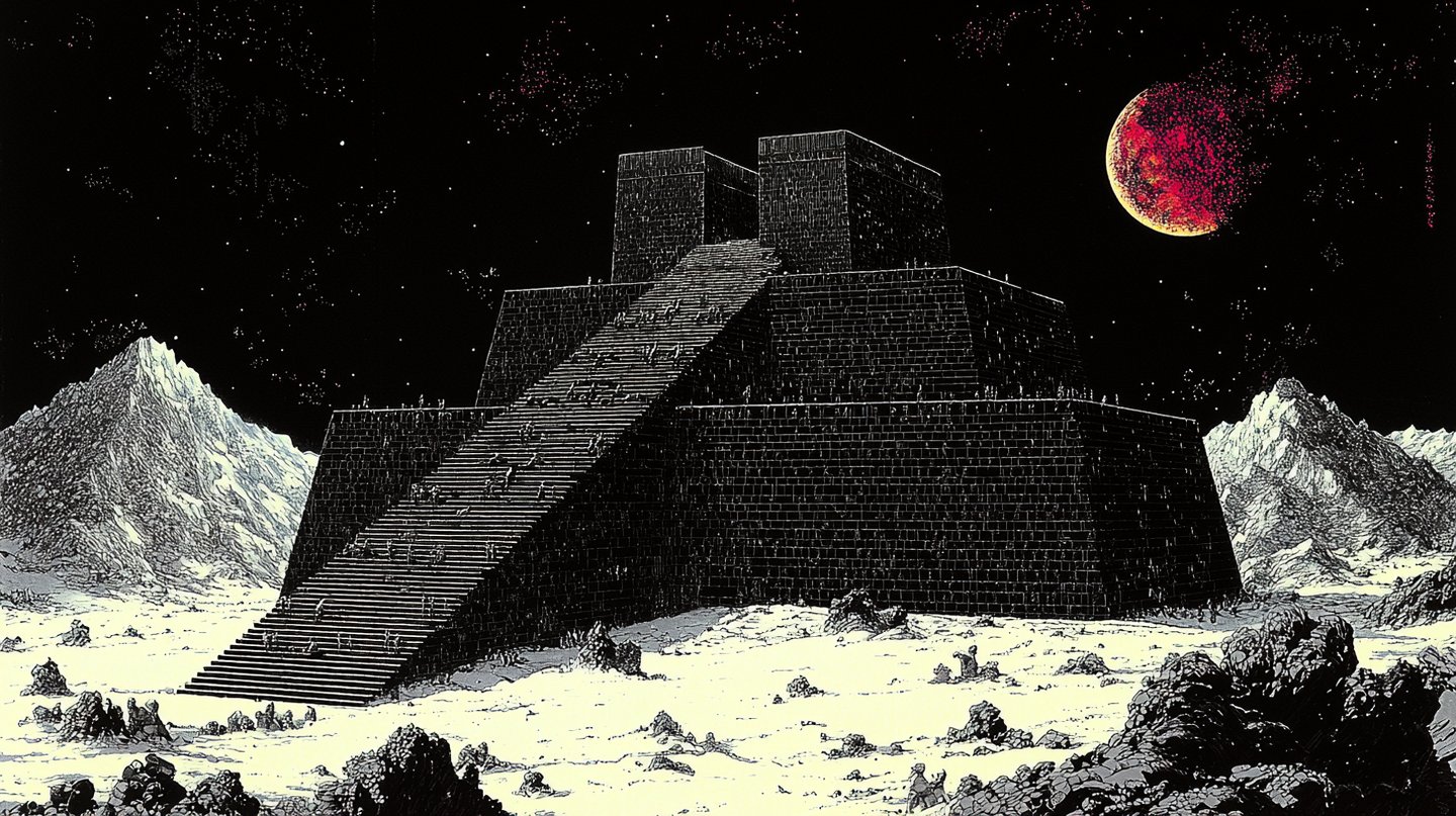 Large black ziggurat with tiny figures ascending stairs under a red moon in a snowy, starry landscape.