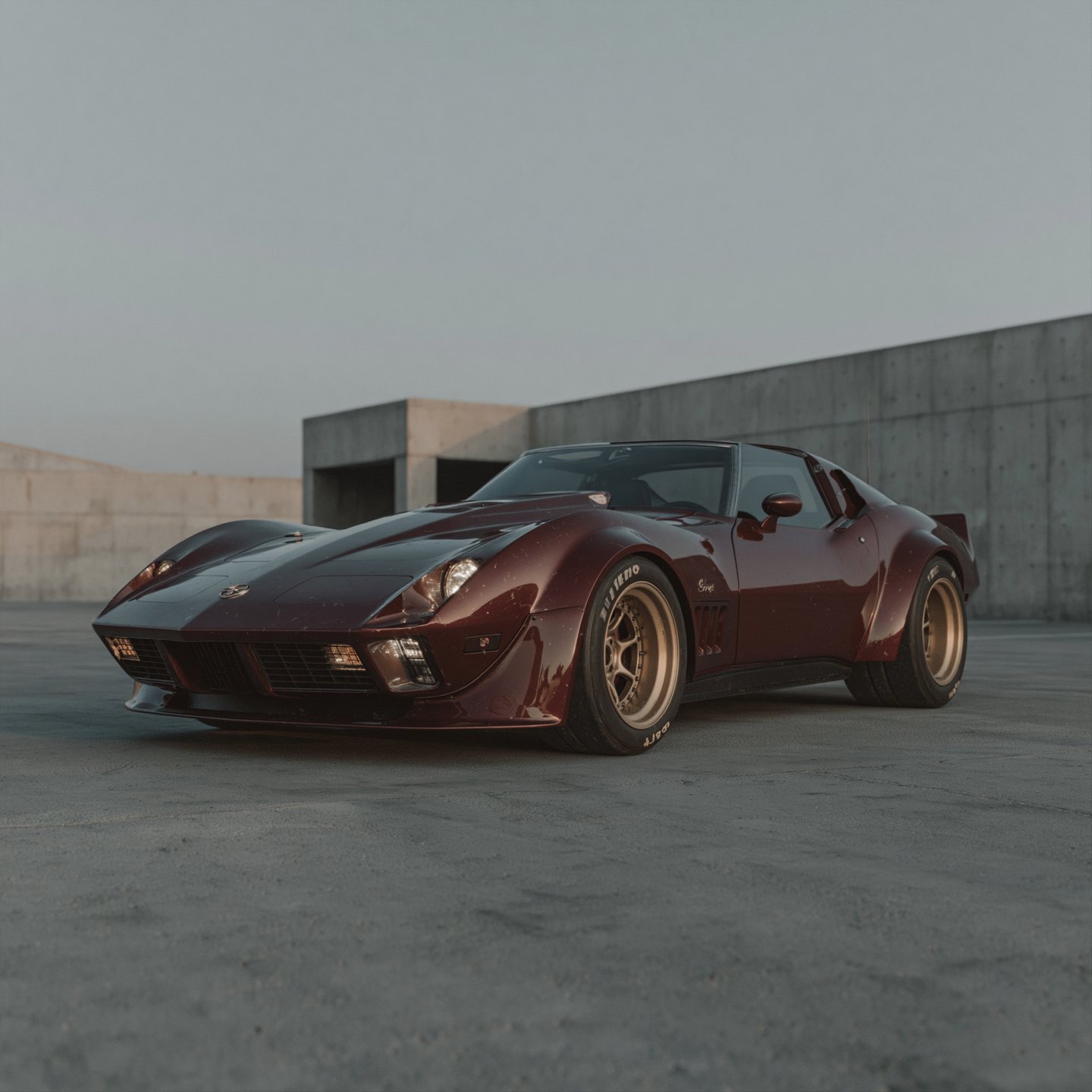 Custom burgundy vintage sports car with gold wheels parked in a brutalist concrete courtyard under overcast skies.