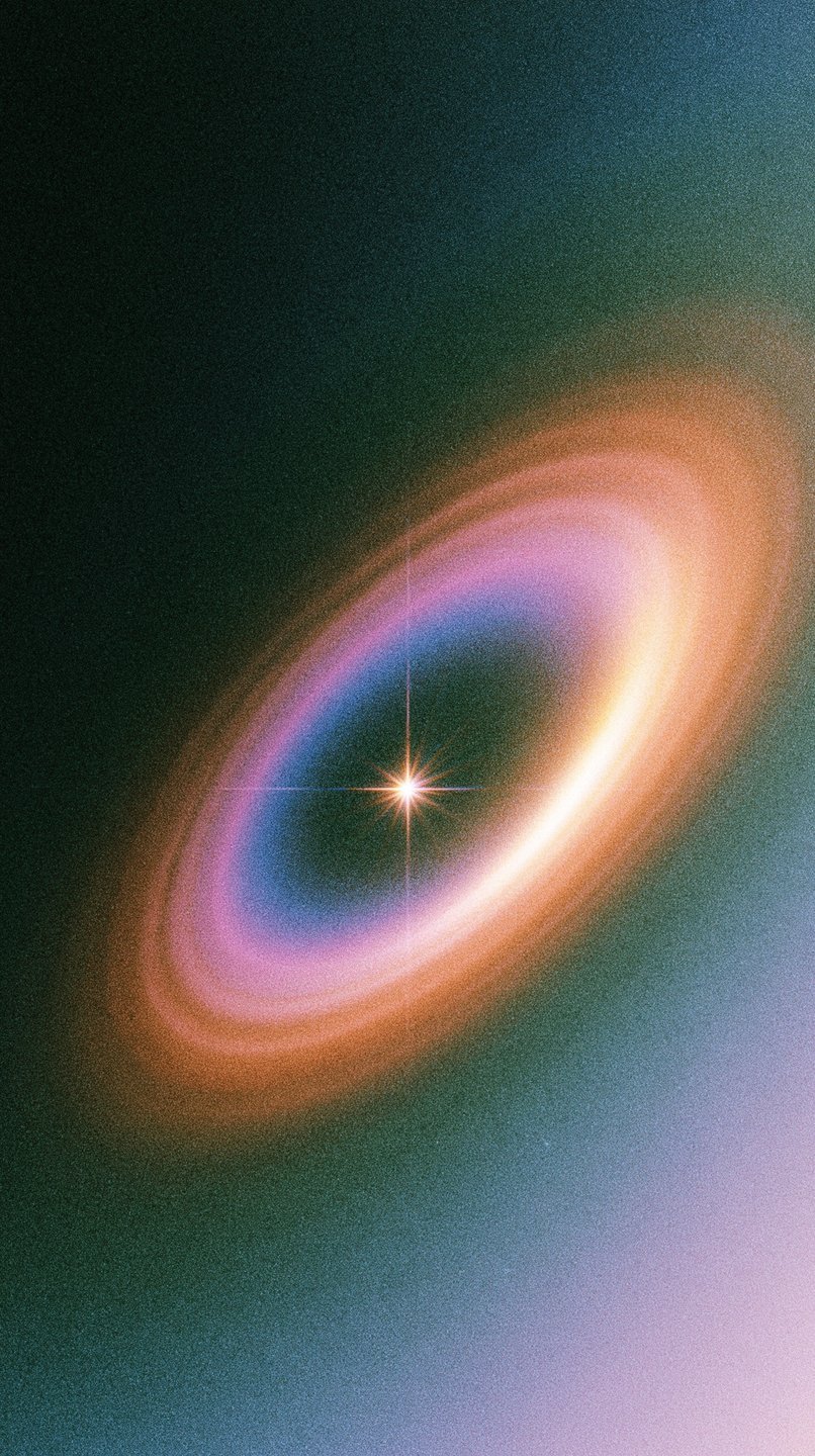 A glowing four-pointed star centered within a tilted, multicolored, grainy ring against a dark textured background.