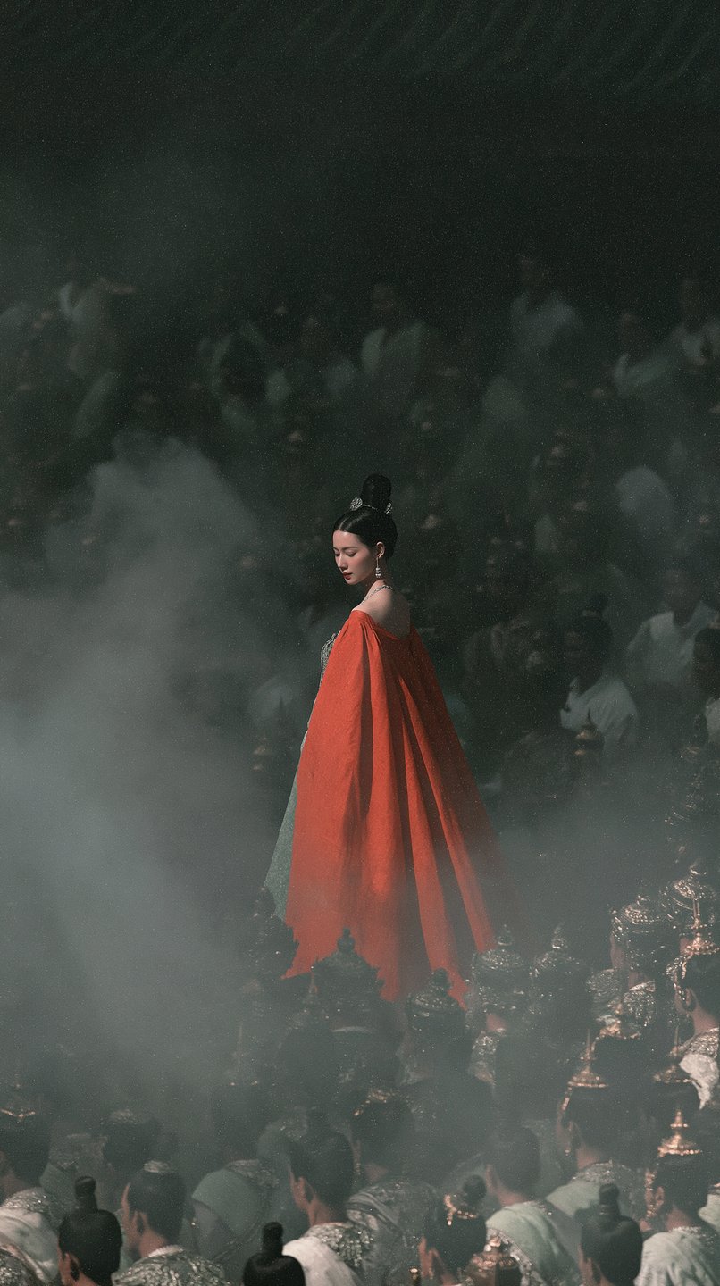 A woman in a vibrant red cape stands amidst a misty crowd wearing traditional golden headdresses.