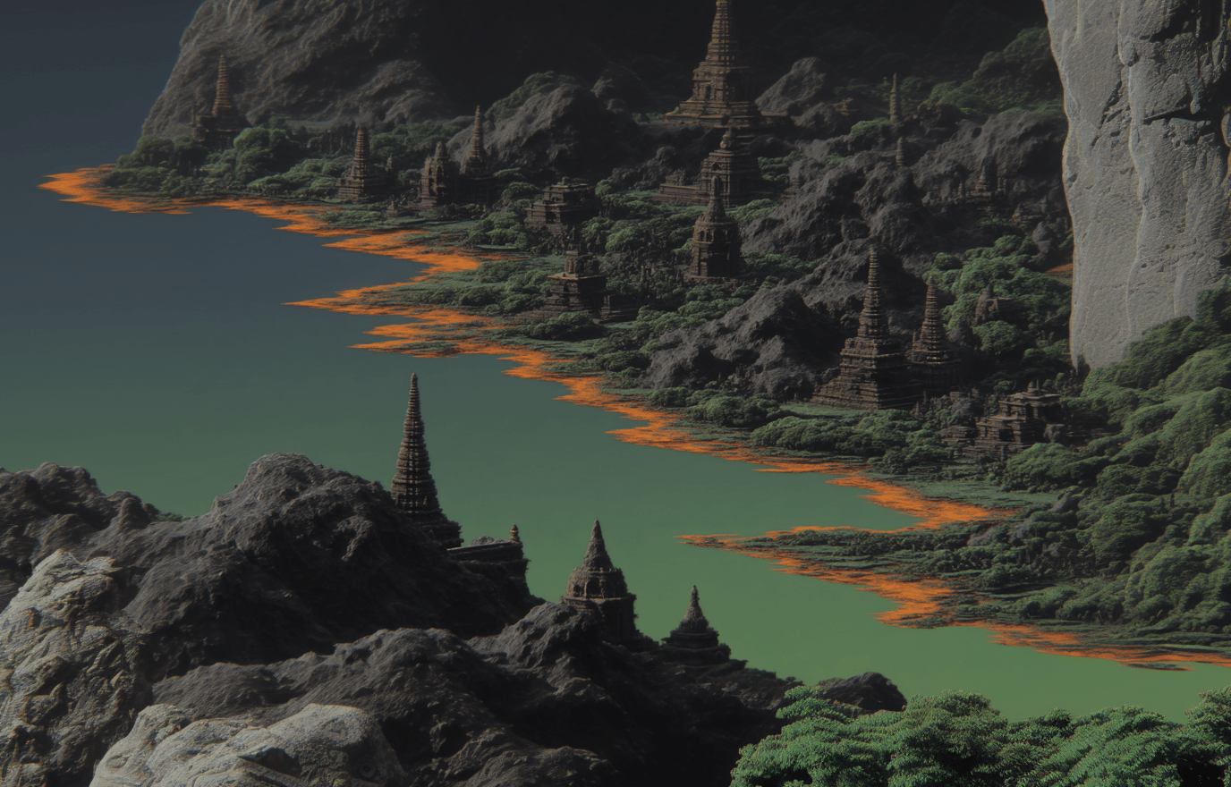 Ancient stone pagodas and stupas line a glowing green river with orange banks against dark craggy mountains.