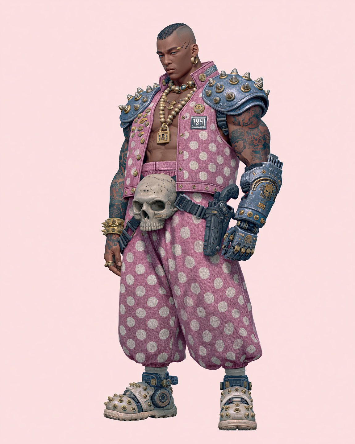 Muscular male cyborg wearing a pink polka-dot outfit, spiked shoulder armor, and a skull belt buckle.
