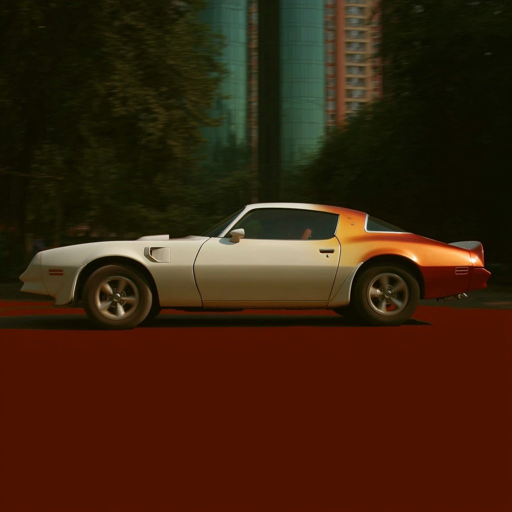 Profile view of a white and orange vintage muscle car driving past blurred trees and city buildings.