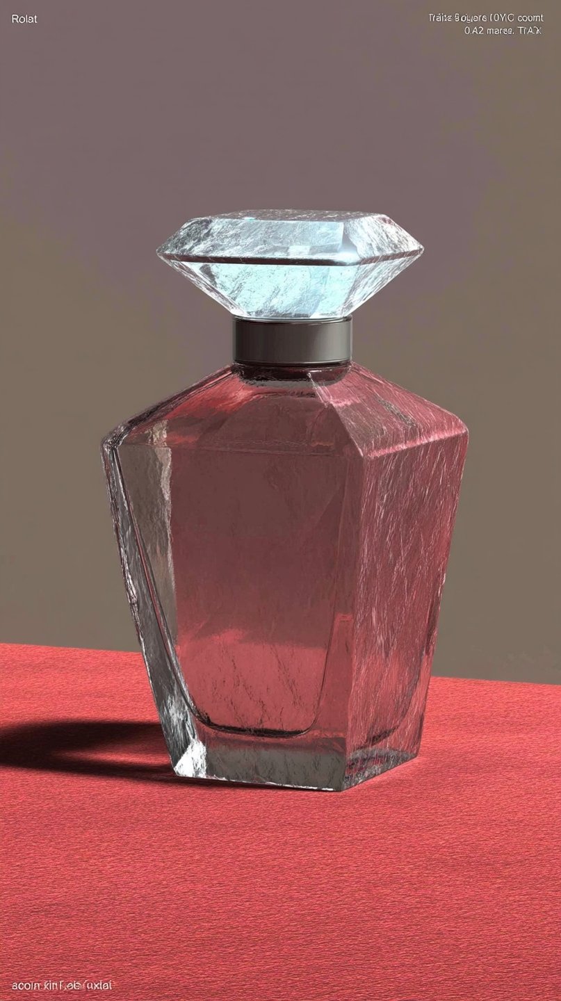 Geometric glass perfume bottle with a diamond-shaped cap sitting on a red textured surface against a neutral background.