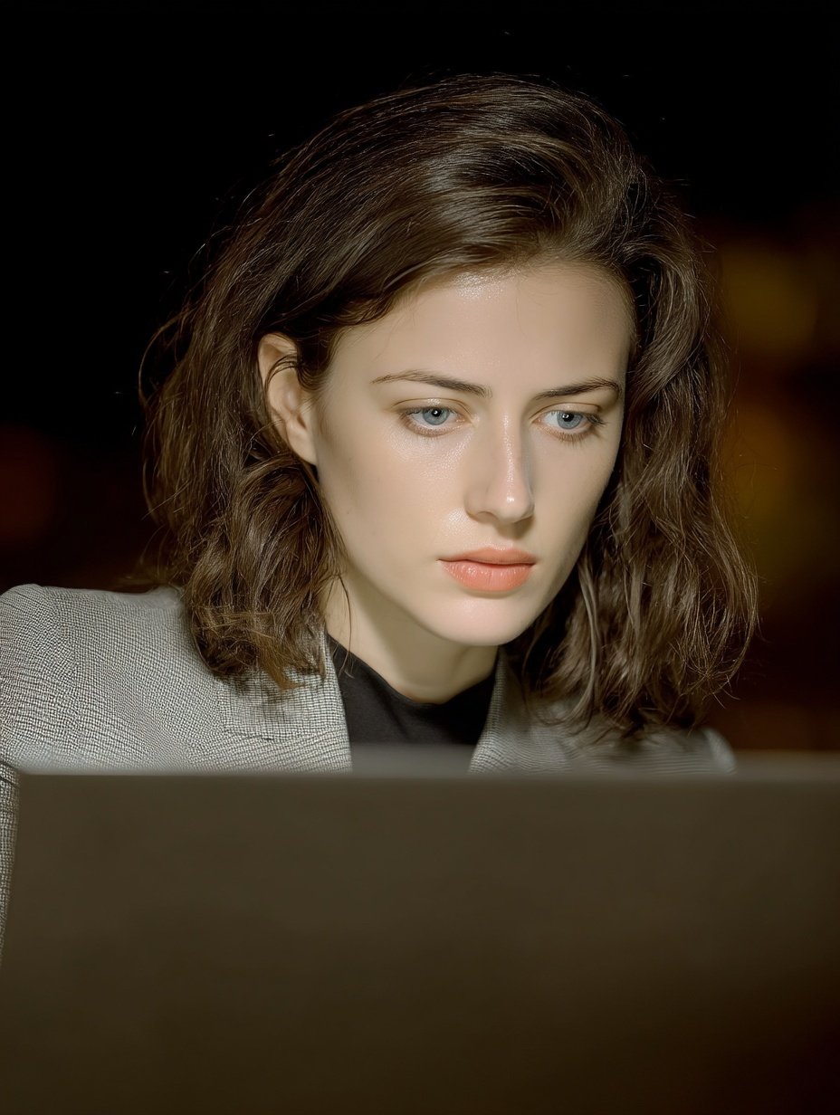 Young woman with dark wavy hair wearing a grey blazer looking down at a glowing laptop screen.
