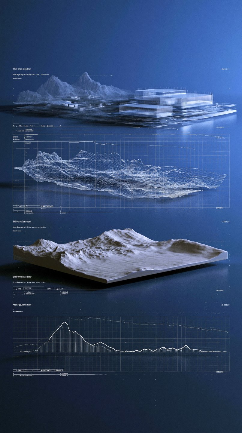 Holographic 3D terrain models and wireframe landscapes displayed on a stacked blue digital data visualization interface.