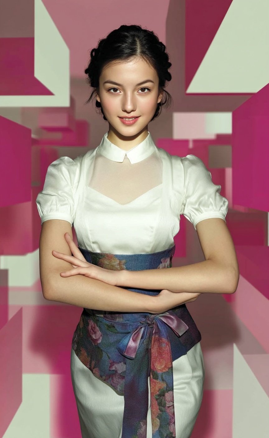 Young woman with crossed arms wearing a white blouse and floral corset before pink geometric shapes.