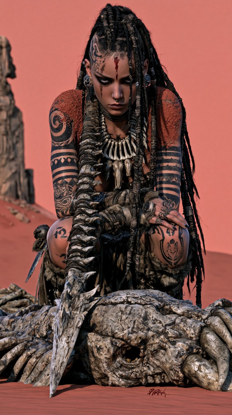 Tattooed tribal warrior woman with dreadlocks crouches over a large animal skull in a red desert.